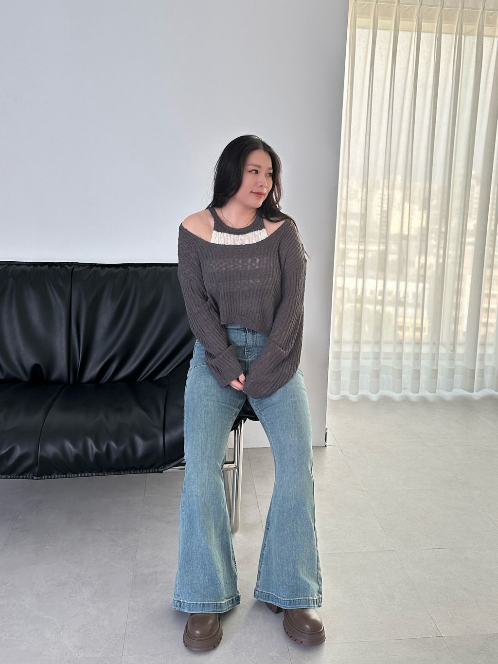 條紋削肩背心長袖罩衫套裝 (18)