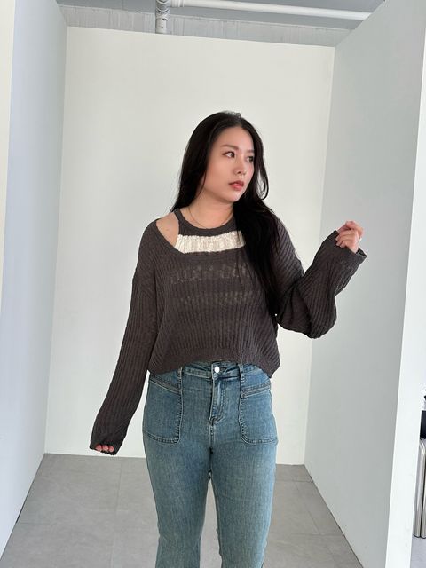 條紋削肩背心長袖罩衫套裝 (19)