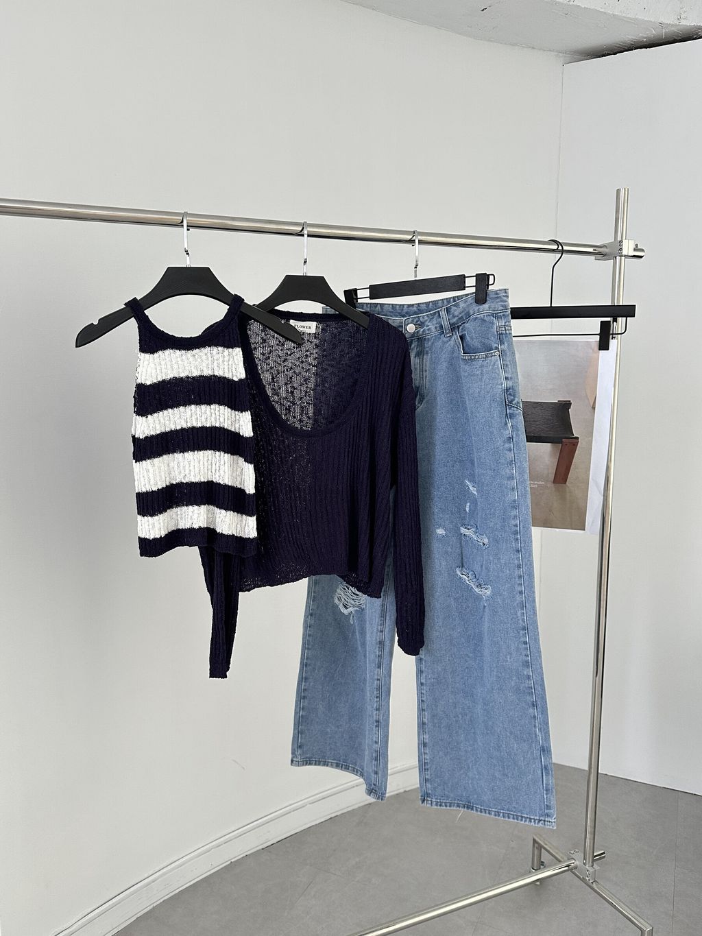 條紋削肩背心長袖罩衫套裝 (13)