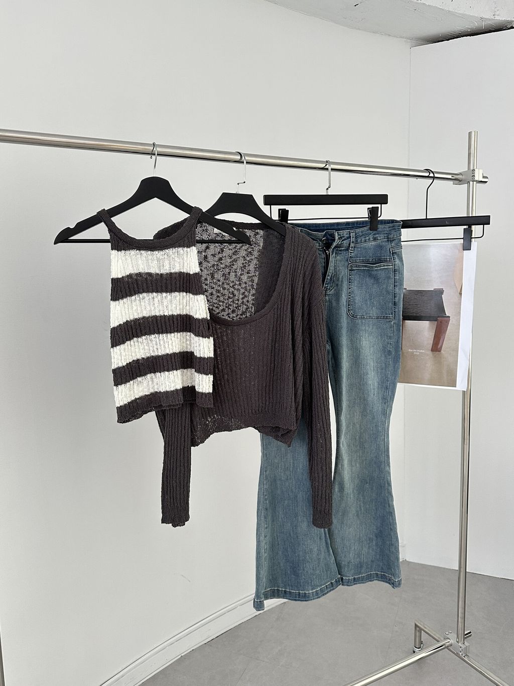 條紋削肩背心長袖罩衫套裝 (20)