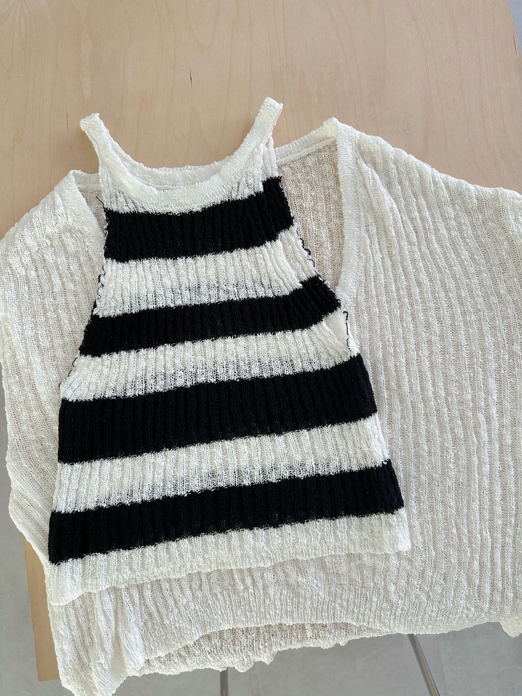 條紋削肩背心長袖罩衫套裝 (3)