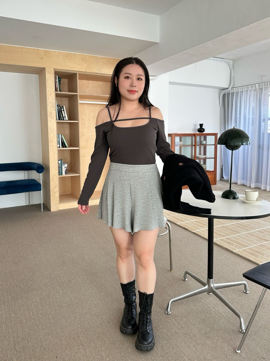 (正韓)吊帶一字領長袖胸墊上衣 (13)