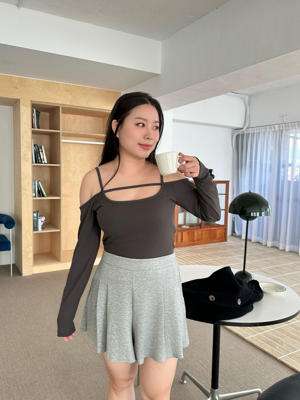 (正韓)吊帶一字領長袖胸墊上衣 (5)