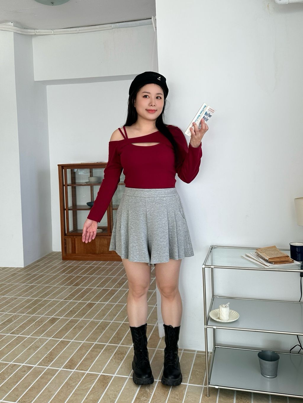 (正韓)假兩件挖空長袖胸墊上衣 (17)