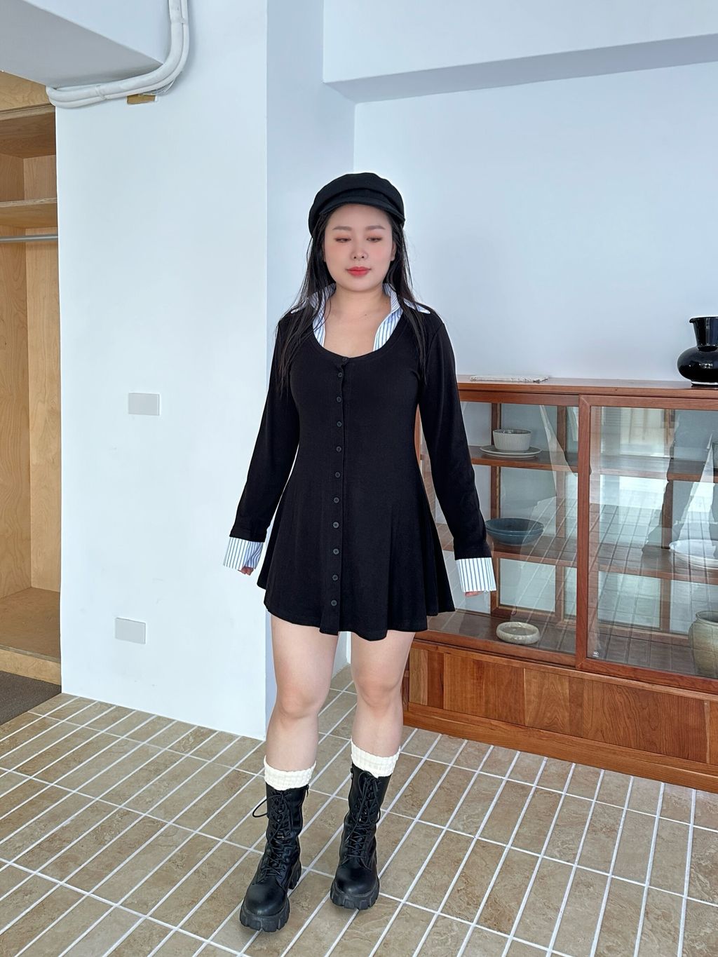 U領收腰襯衫短洋裝 (14)