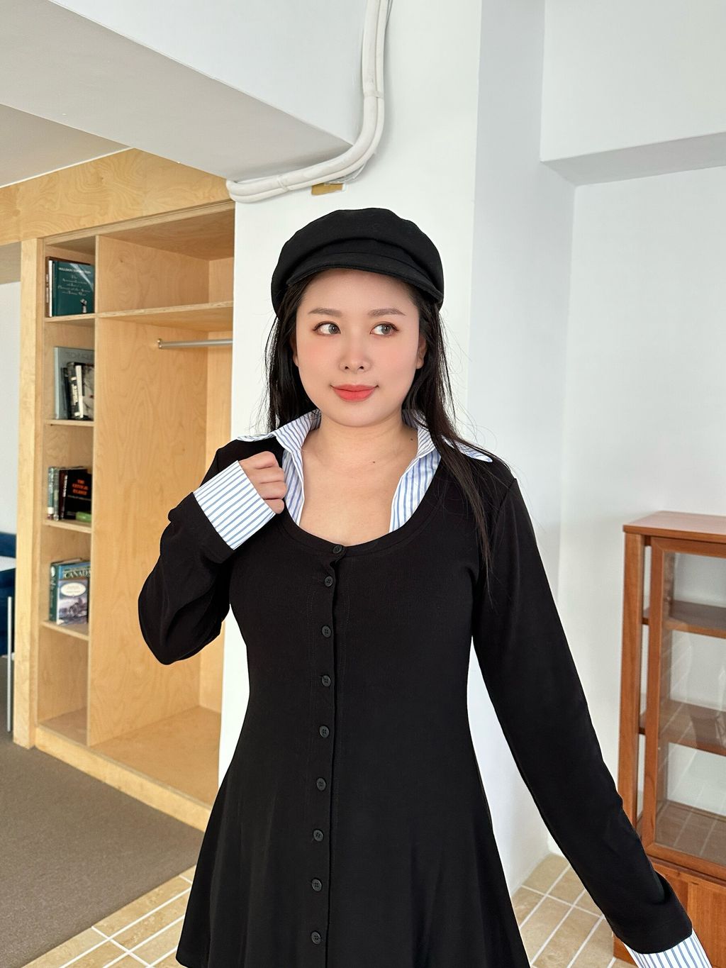 U領收腰襯衫短洋裝 (13)