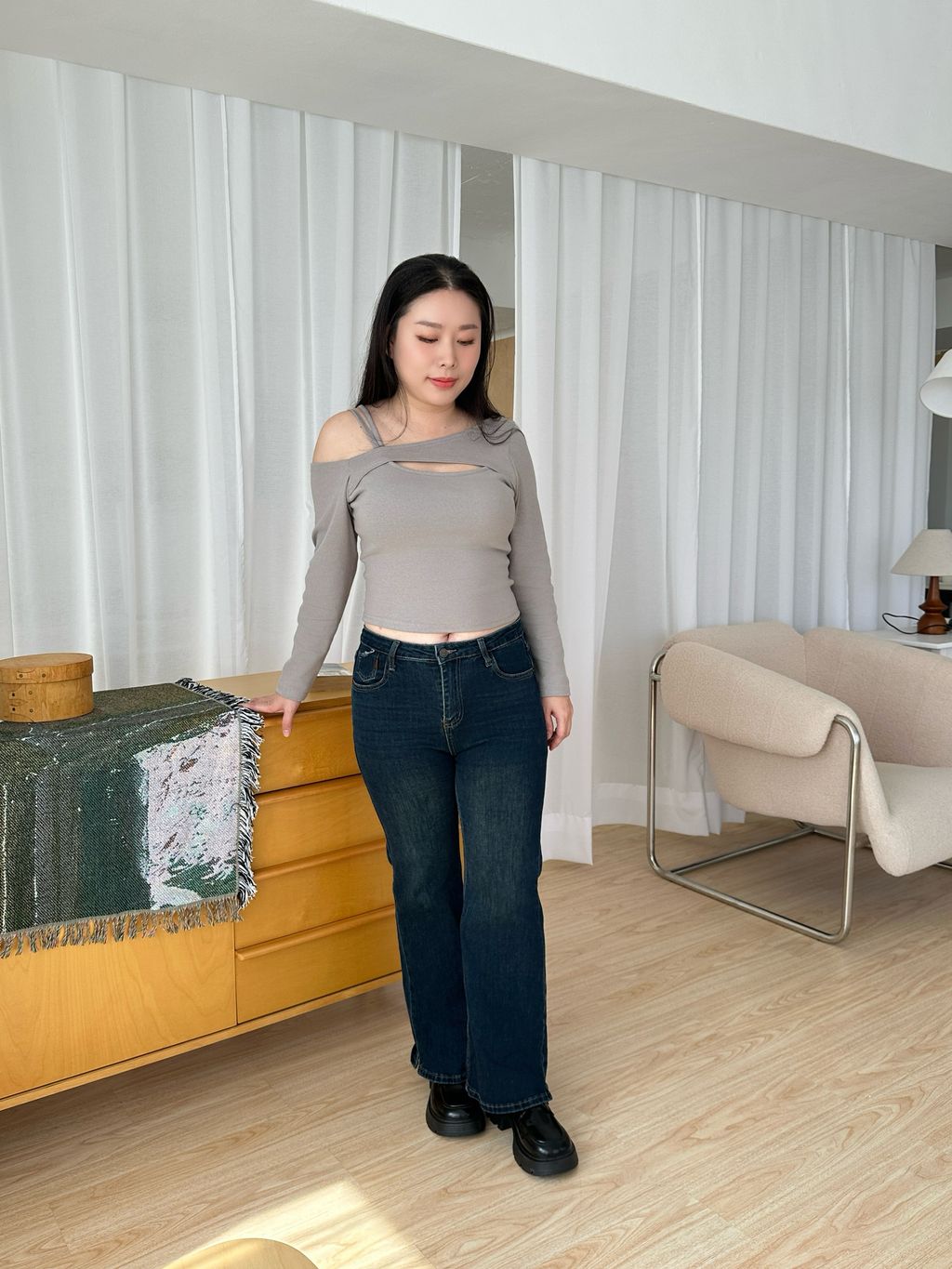 高腰簡約喇叭牛仔褲(彈力) (12)