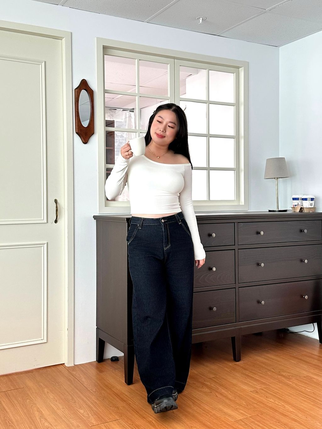 斜肩長袖胸墊上衣 (22)