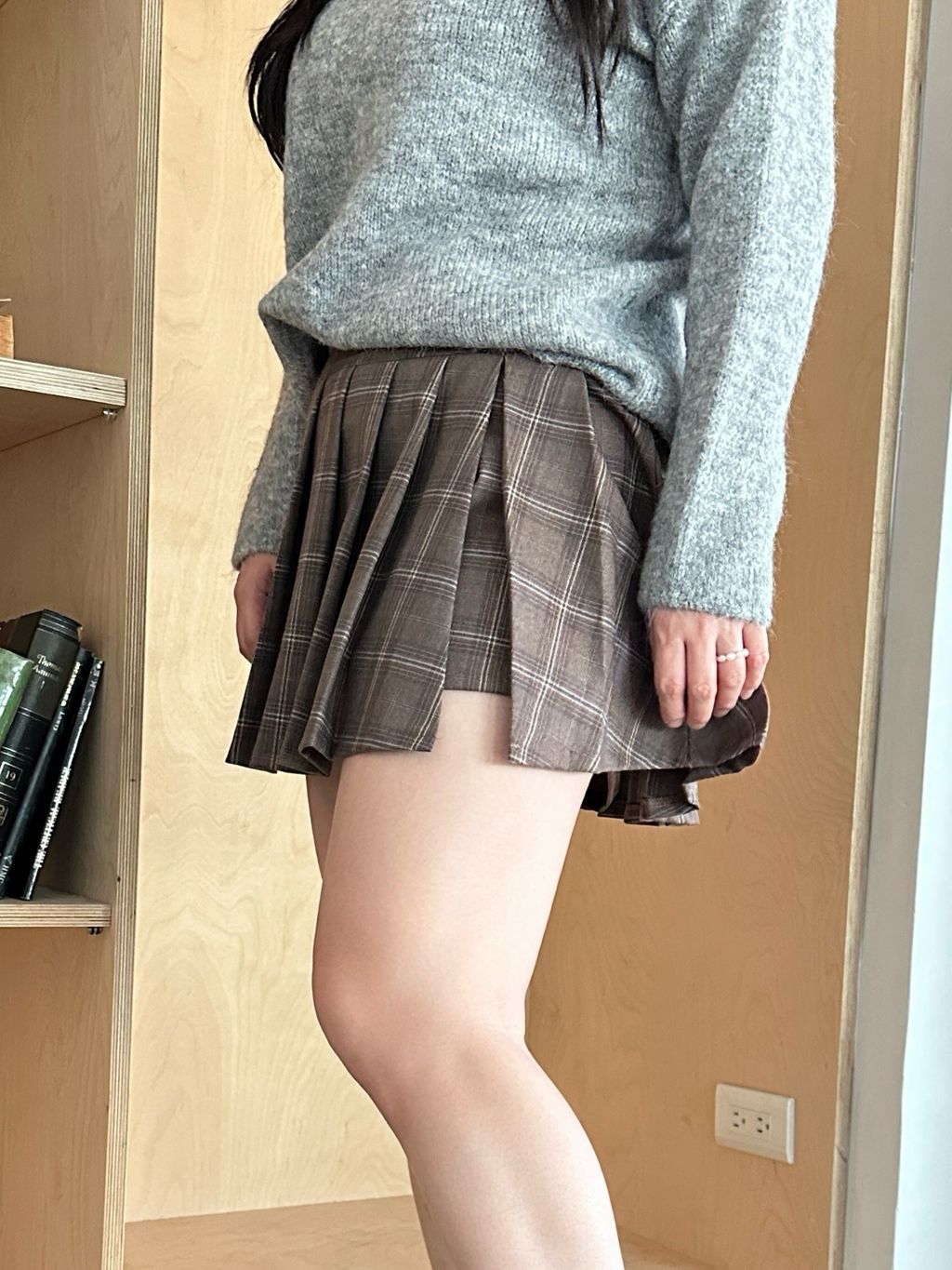 側開衩格紋百褶短褲裙 (17)