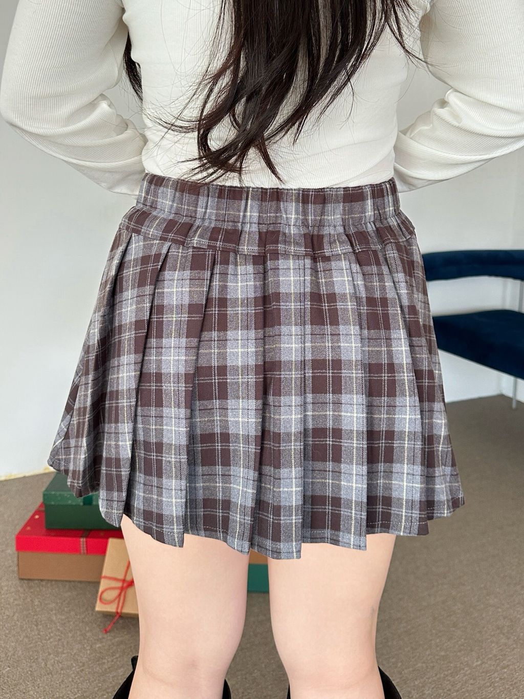 側開衩格紋百褶短褲裙 (21)