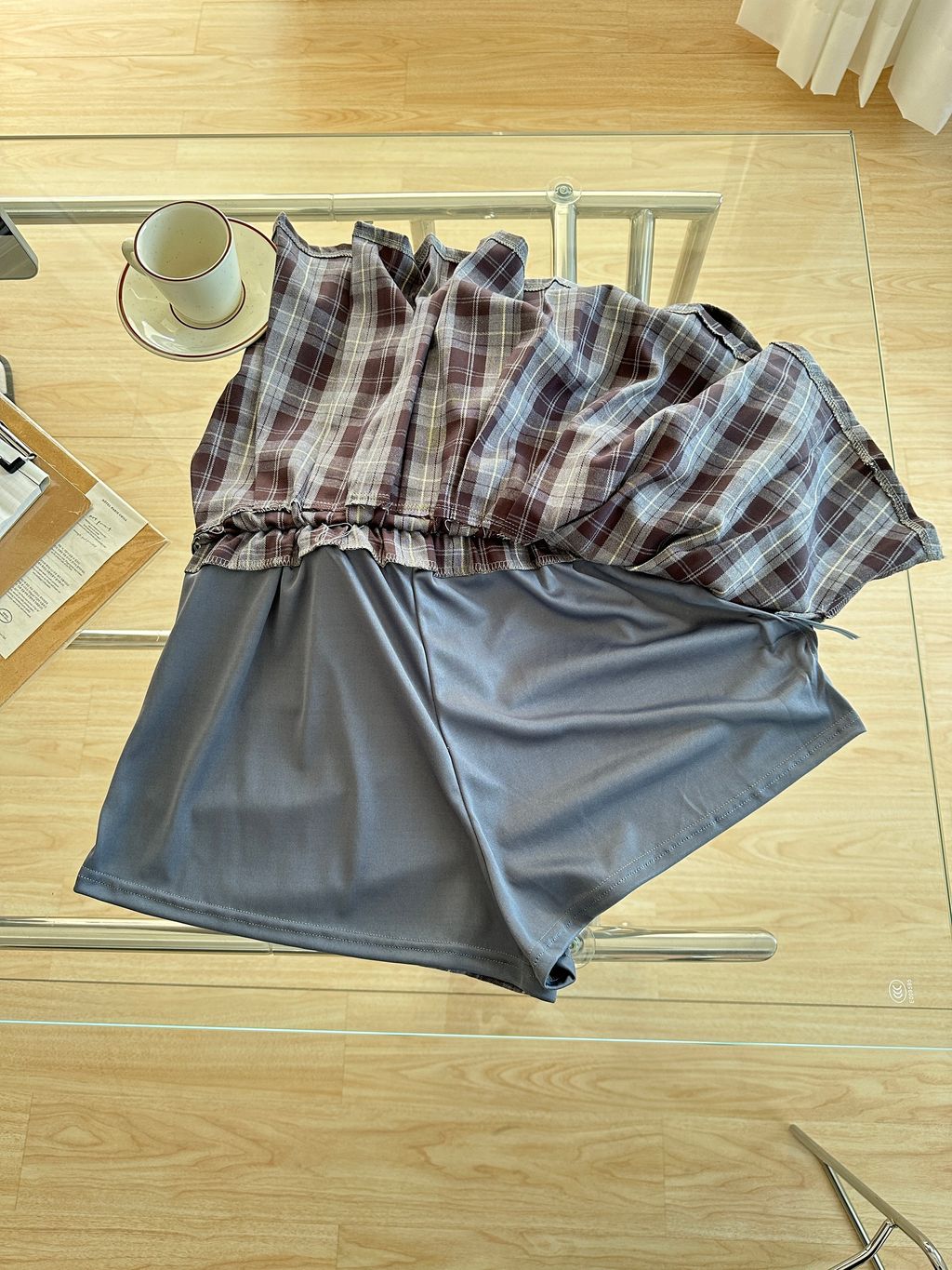 側開衩格紋百褶短褲裙 (3)