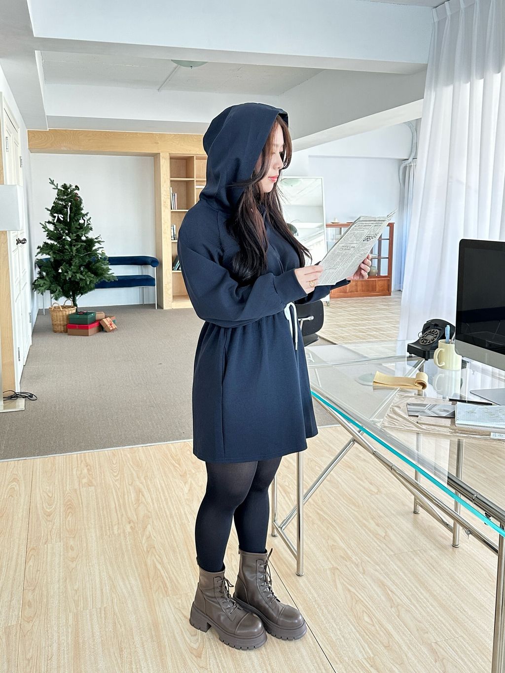 抽繩收腰連帽 V 領顯瘦短洋裝 (22)