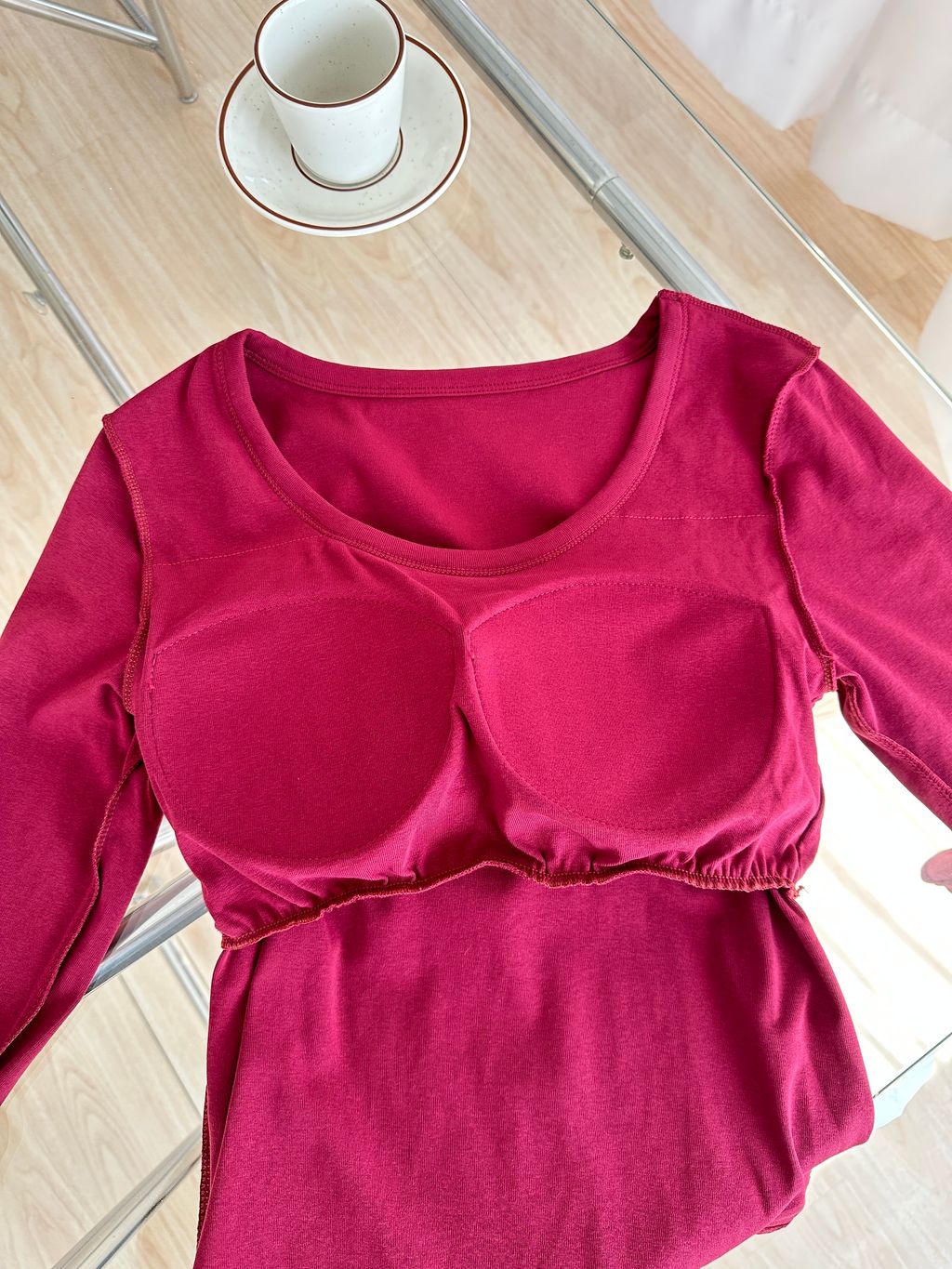 (正韓)大圓領胸墊長袖上衣 (2)