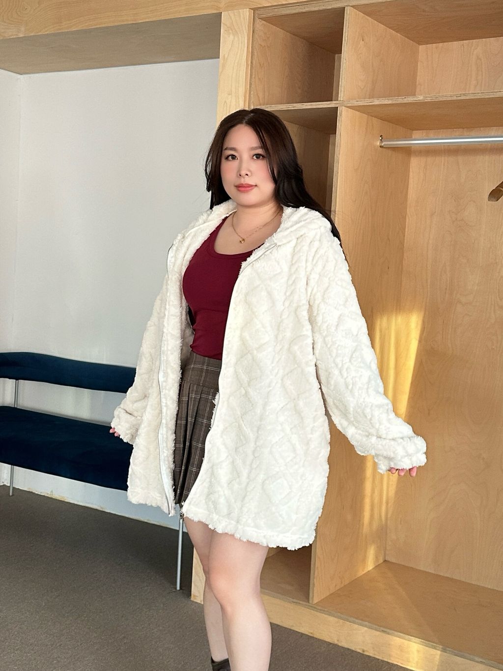 毛絨立體麻花連帽長版外套 (10)