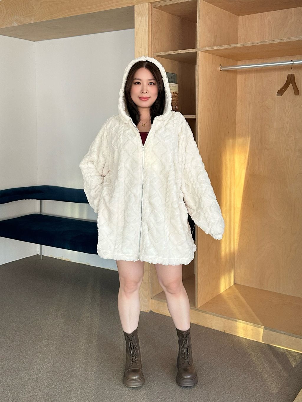 毛絨立體麻花連帽長版外套 (11)