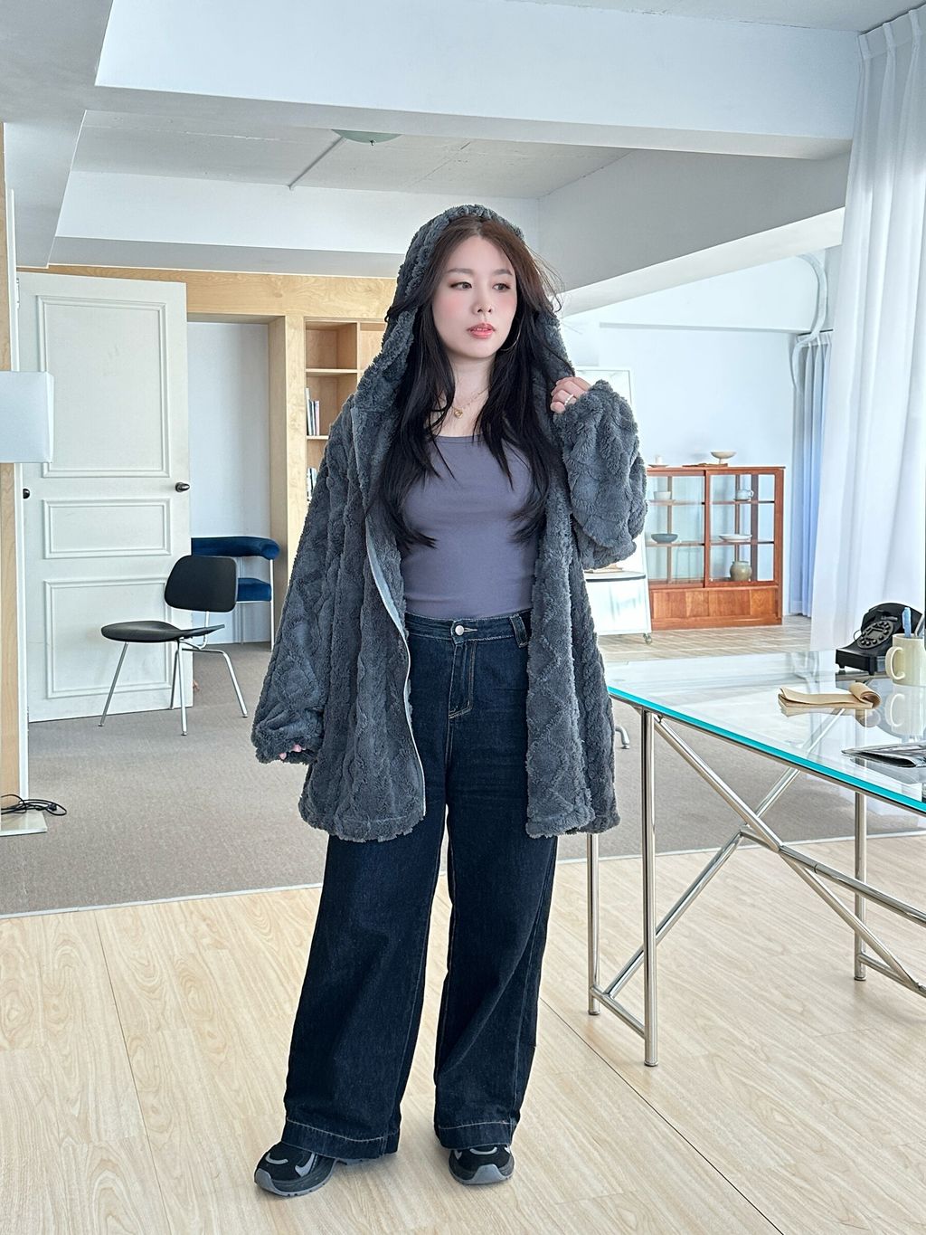 毛絨立體麻花連帽長版外套 (13)