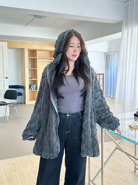 毛絨立體麻花連帽長版外套 (14)