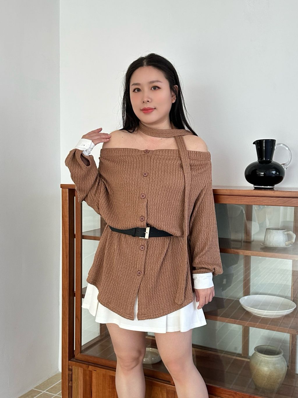 一字領綁帶長上衣(附皮帶) (11)