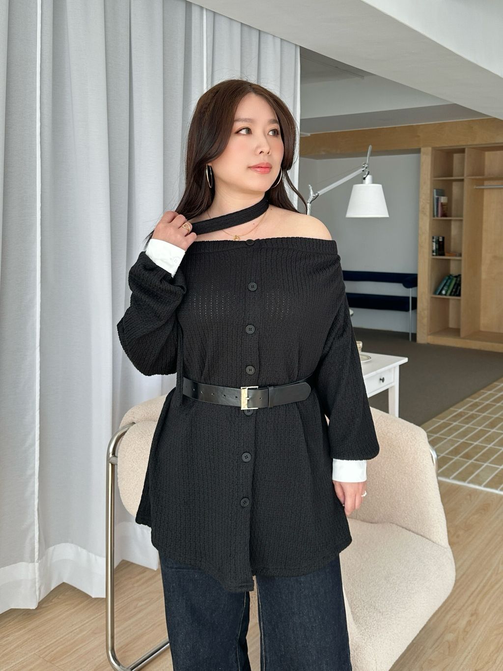 一字領綁帶長上衣(附皮帶) (15)