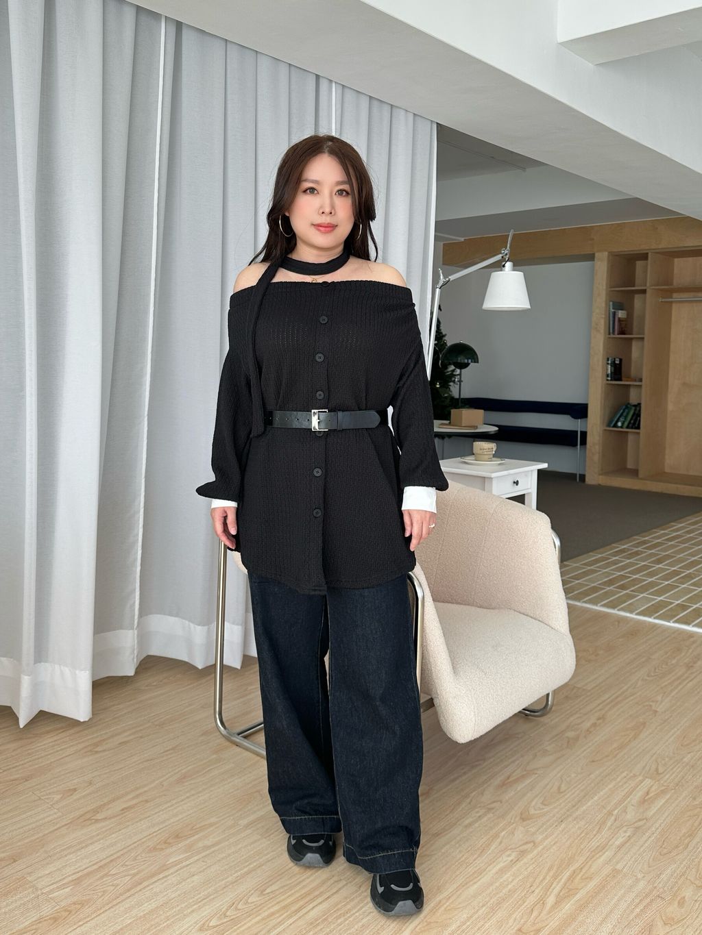 一字領綁帶長上衣(附皮帶) (14)