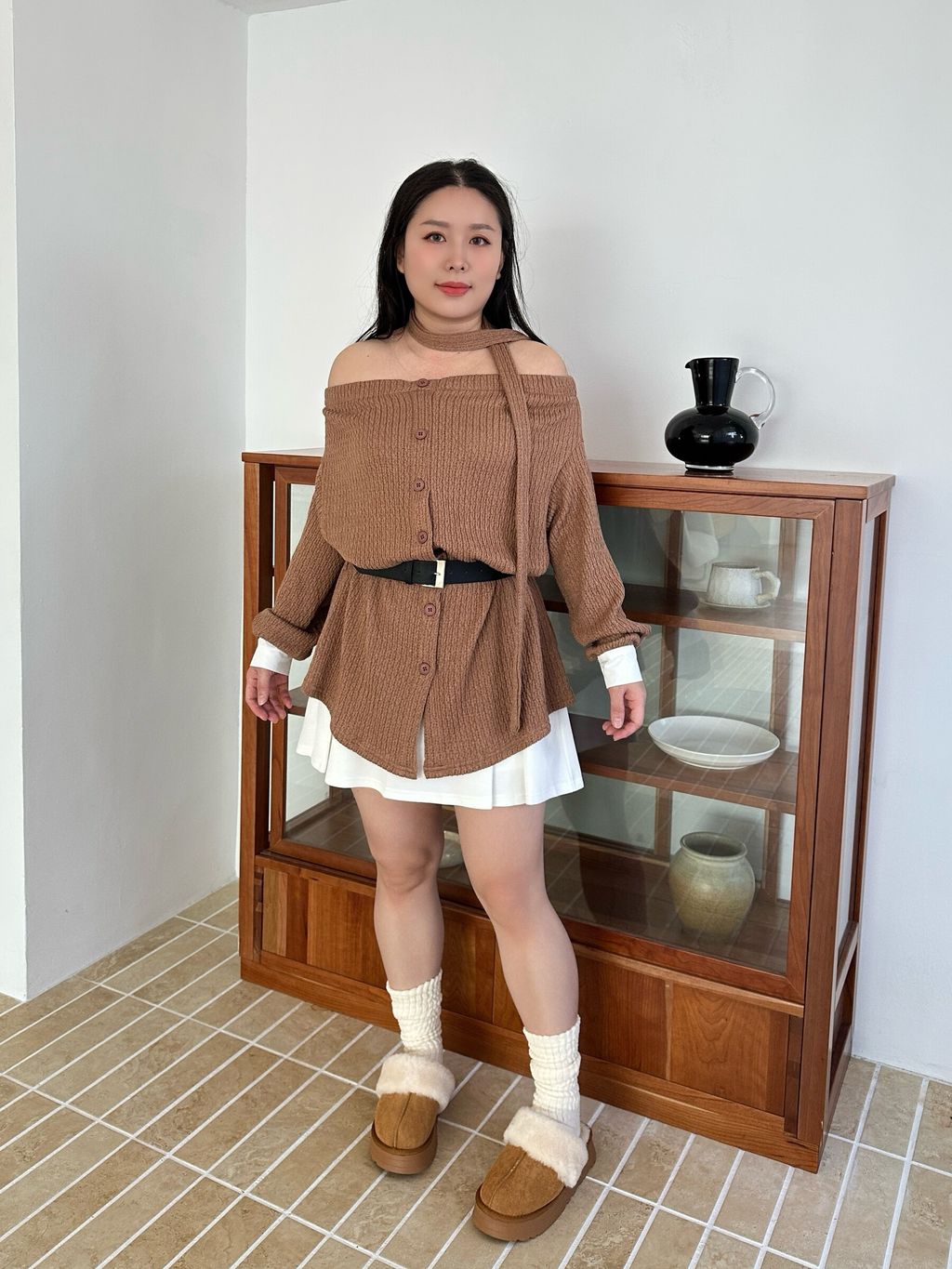 一字領綁帶長上衣(附皮帶) (10)