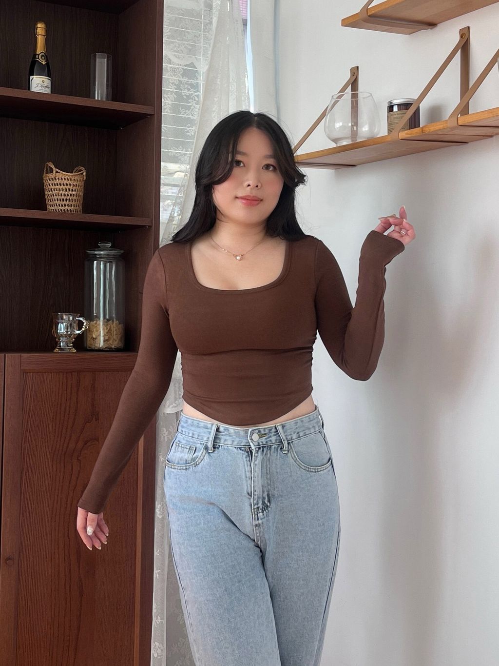 方領長袖側抓皺胸墊上衣 (10)