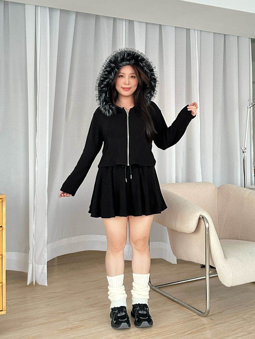 毛絨連帽抽繩短裙套裝 (15)