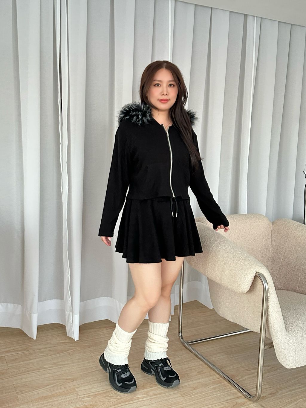 毛絨連帽抽繩短裙套裝 (14)