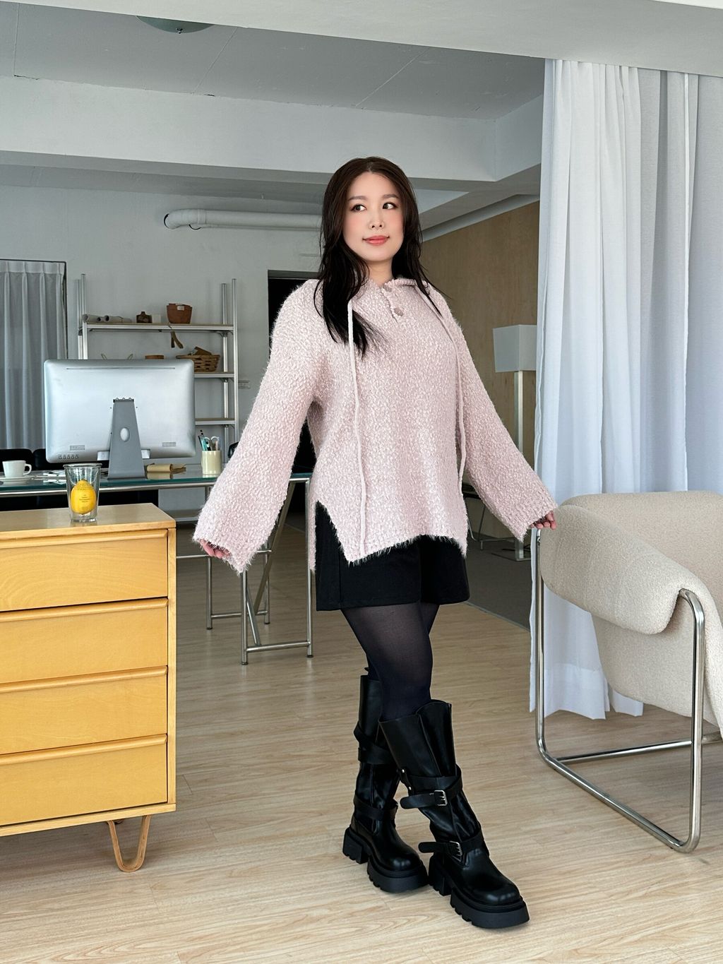 泰迪絨連帽長版毛衣 (8)