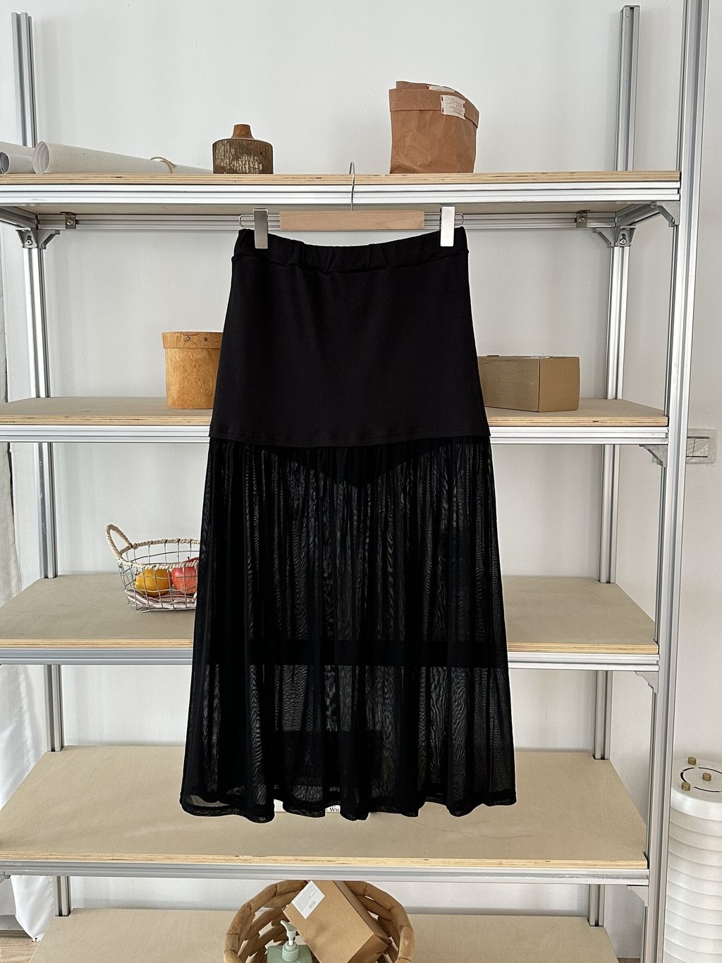 (台灣製)透膚高腰拼接長裙 (9)