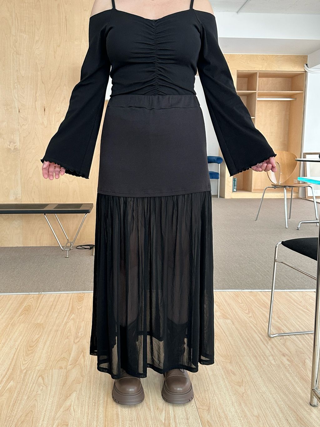 (台灣製)透膚高腰拼接長裙 (10)