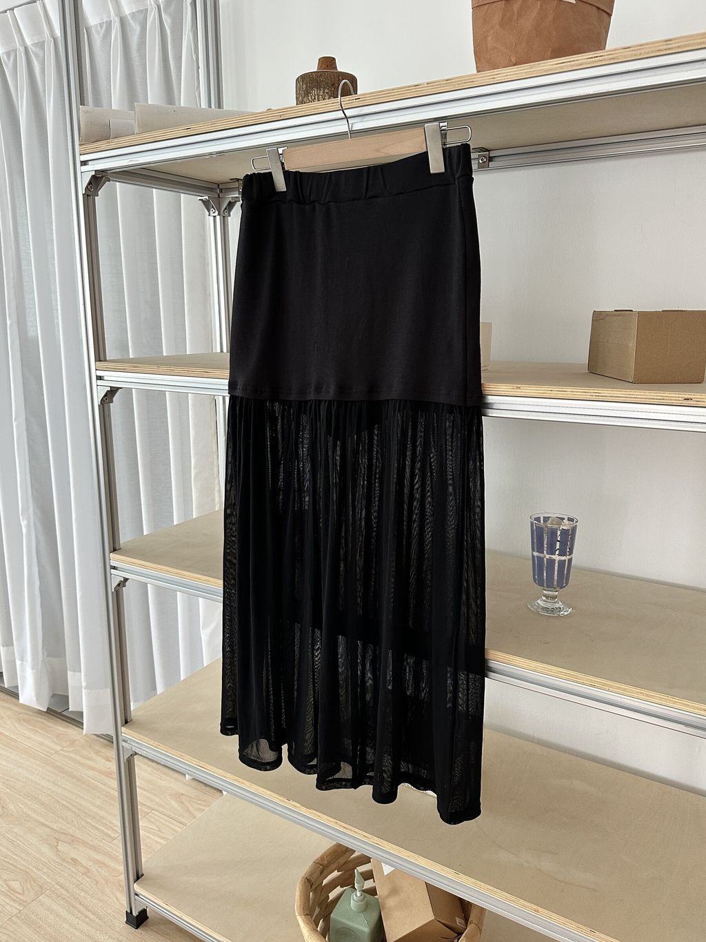 (台灣製)透膚高腰拼接長裙 (5)