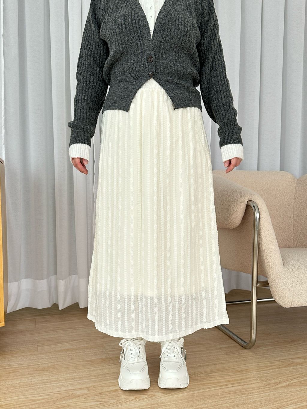 暖絨蕾絲直紋長裙 (13)