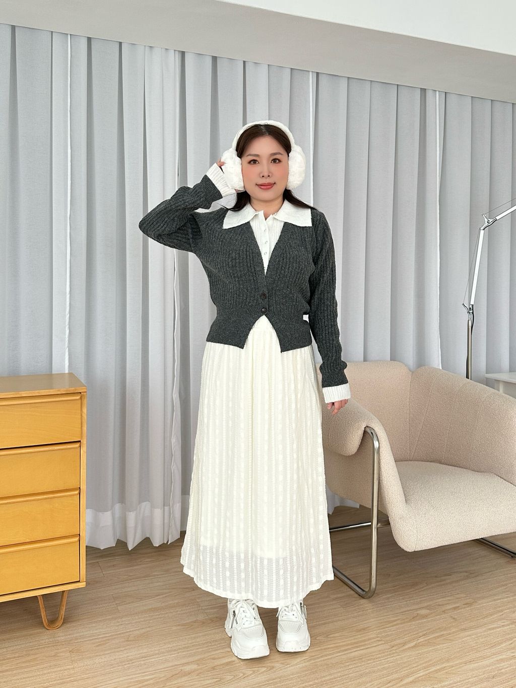 暖絨蕾絲直紋長裙 (11)