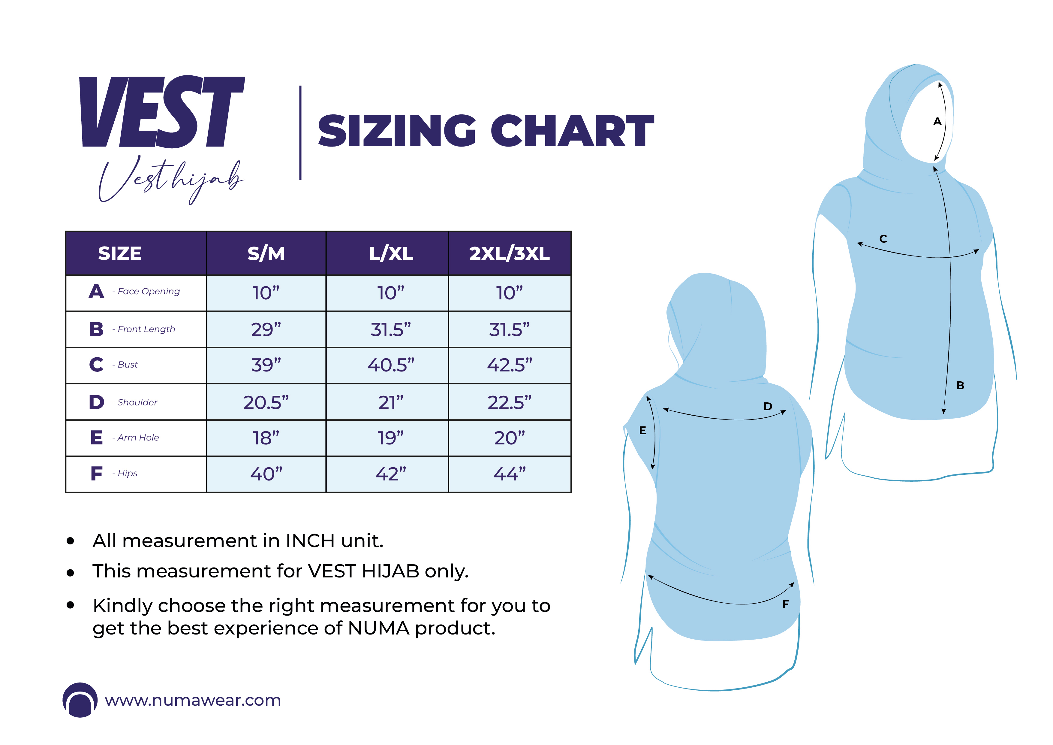 Sizing chart - Vest Hijab