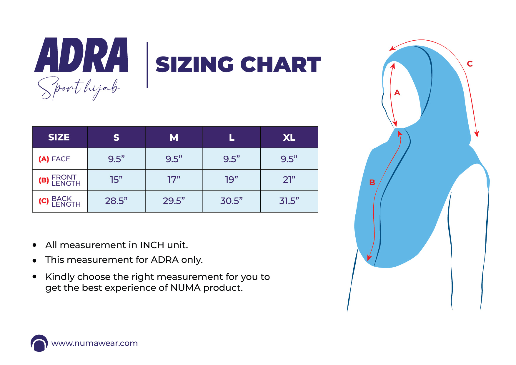 ADRA HIJAB - SIZING CHART