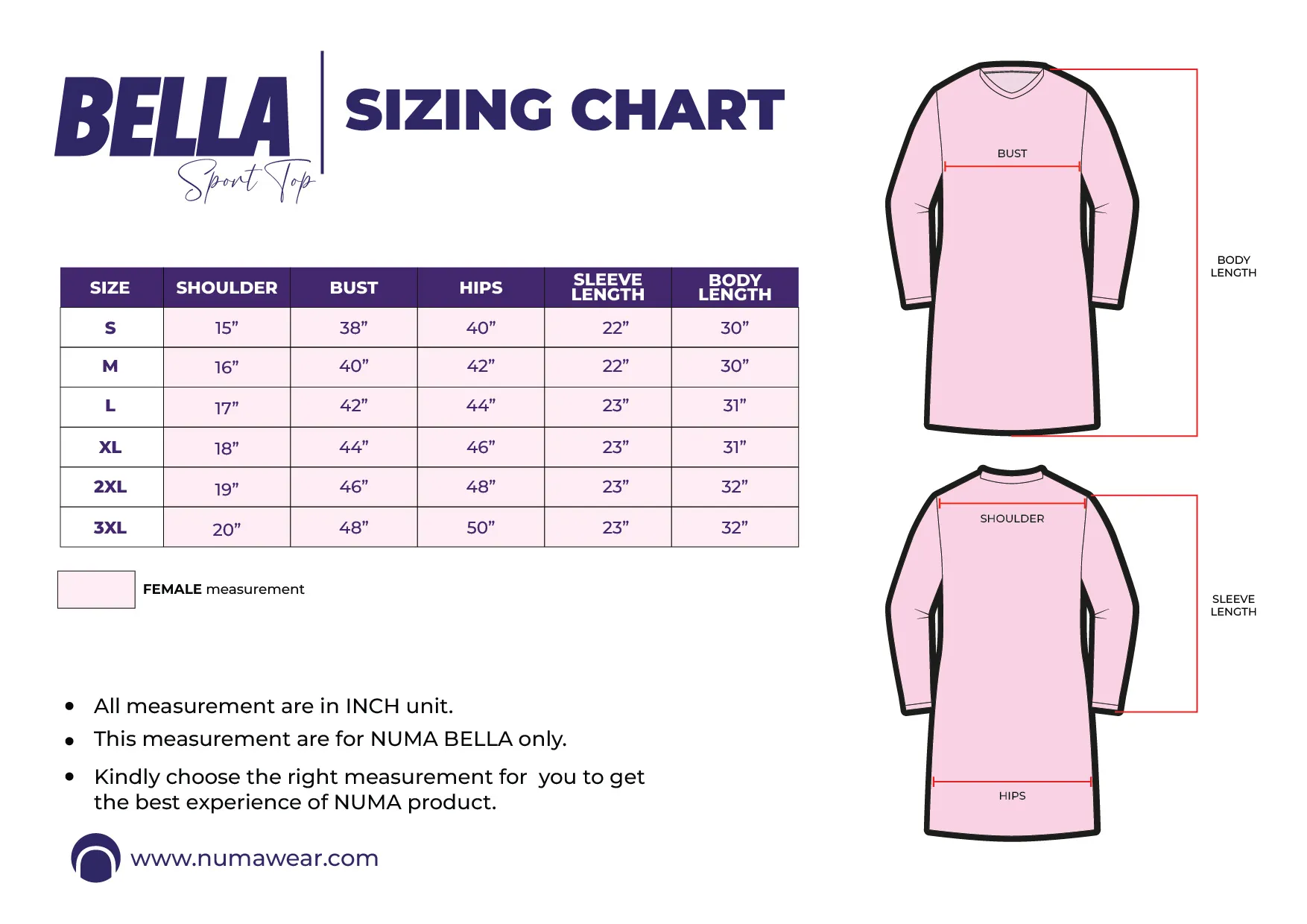 BELLA TOP - SIZING CHART