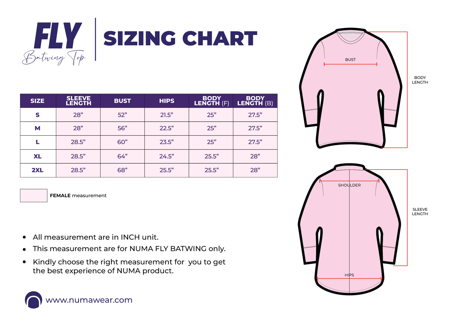 BATWING TOP - SIZING CHART