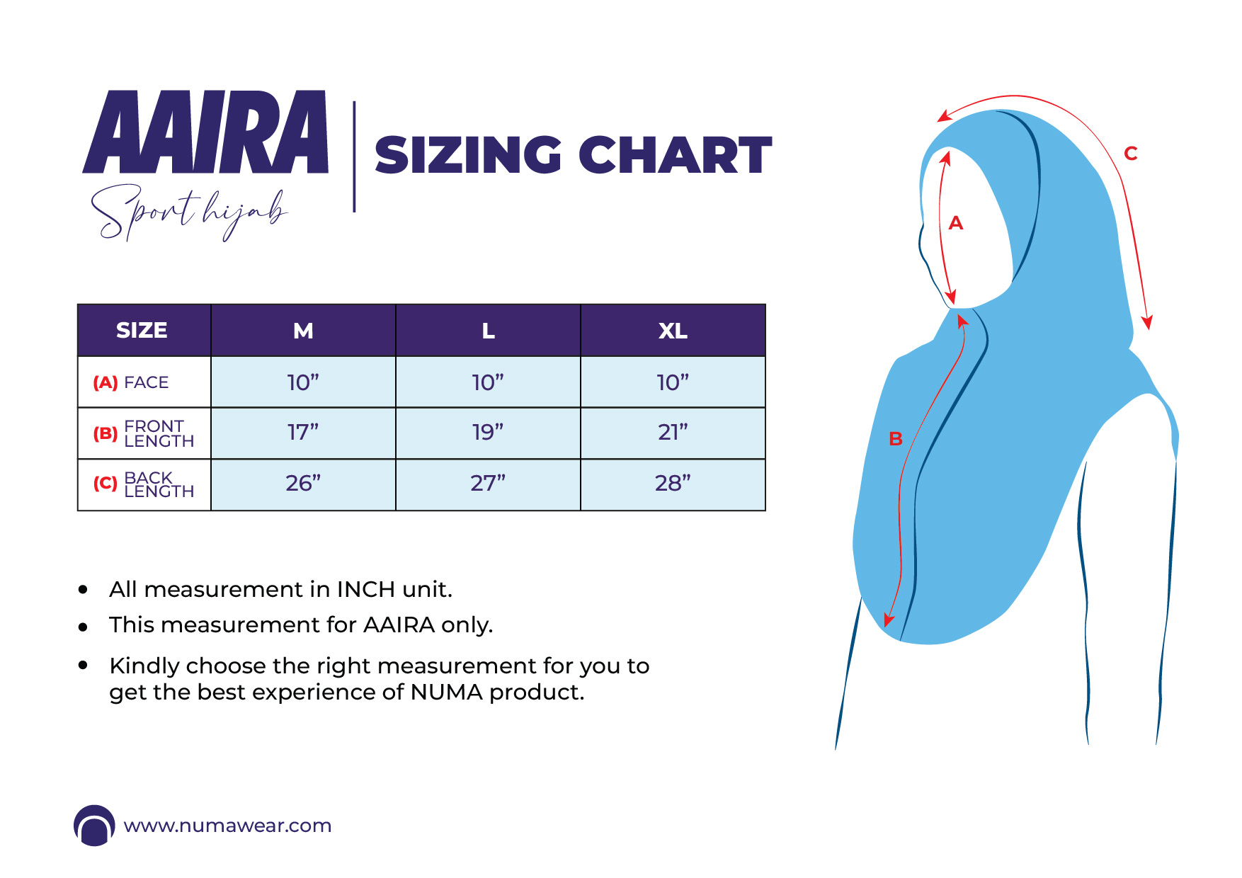 AAIRA HIJAB - SIZING CHART