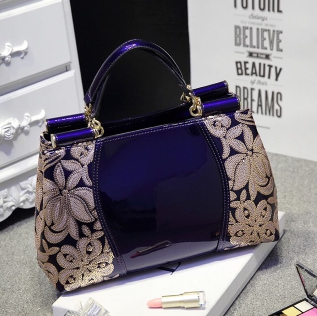 Sequined Embroidery Genuine Leather Handbag-blue2.jfif