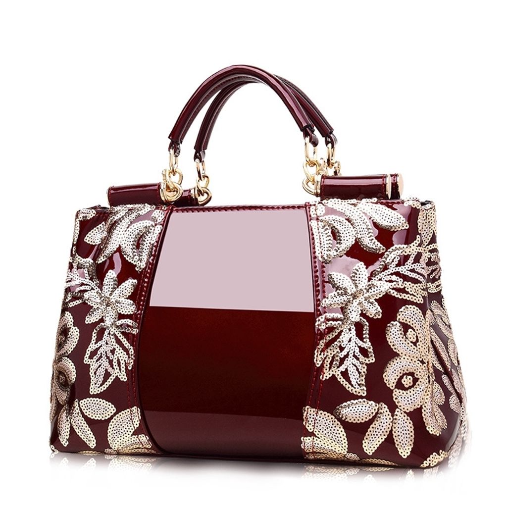 Sequined Embroidery Genuine Leather Handbag-dark red.jfif