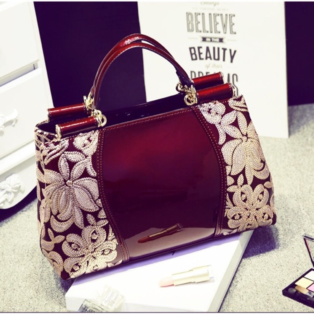 Sequined Embroidery Genuine Leather Handbag-dark red2.jfif