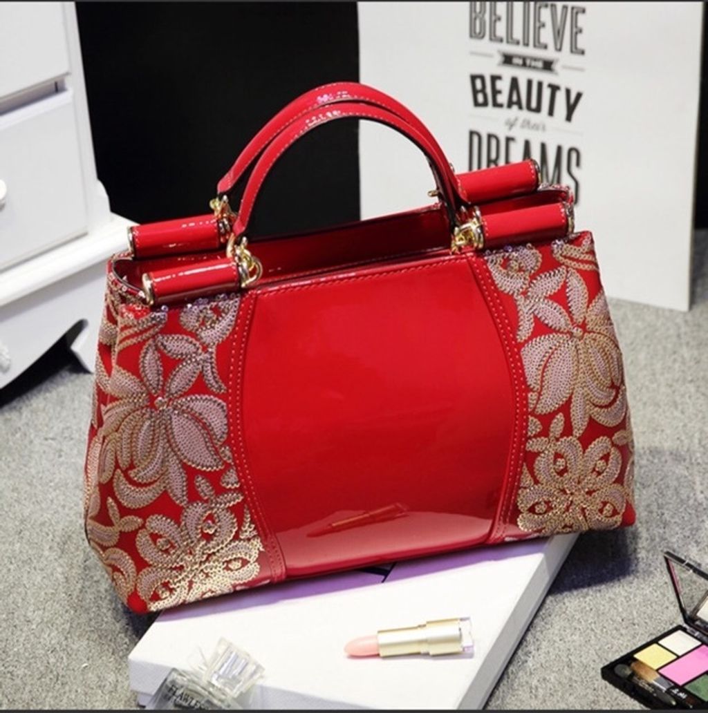 Sequined Embroidery Genuine Leather Handbag-red2.jfif