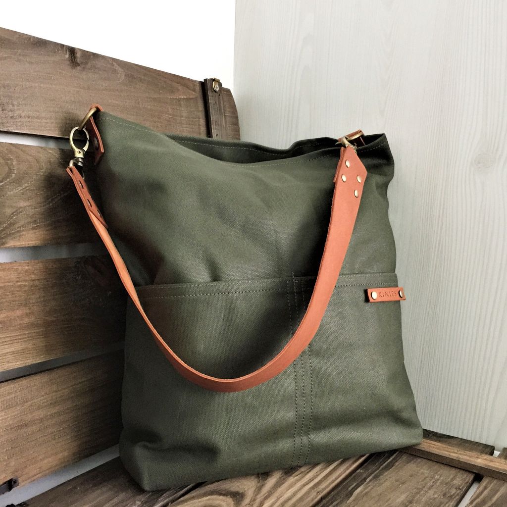 WAXED CANVAS STRAP TOTE WITH GENUINE LEATHER STRAP LS14L Kinies