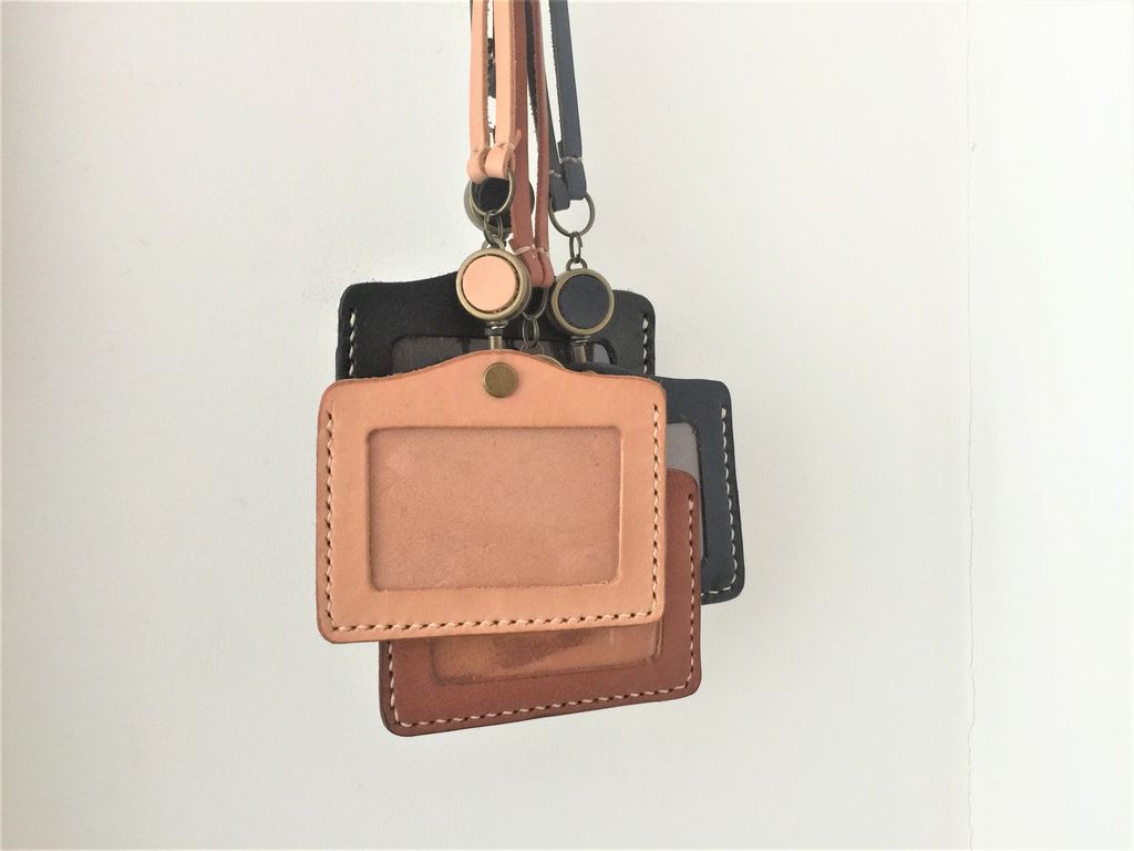 Leather ID Card Holder with Lanyard | Personalized Leather Badge Holder with Lanyard Saddle Tan / Long