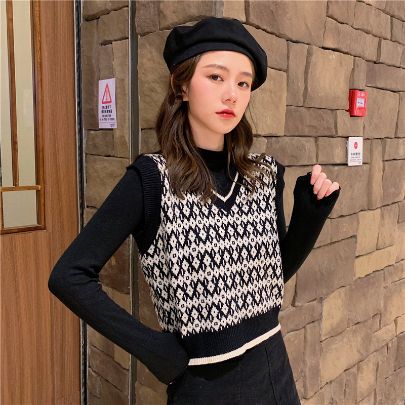  Knitted Vest College Style Outerwear Women Girl Black Plaid Coat Tops
