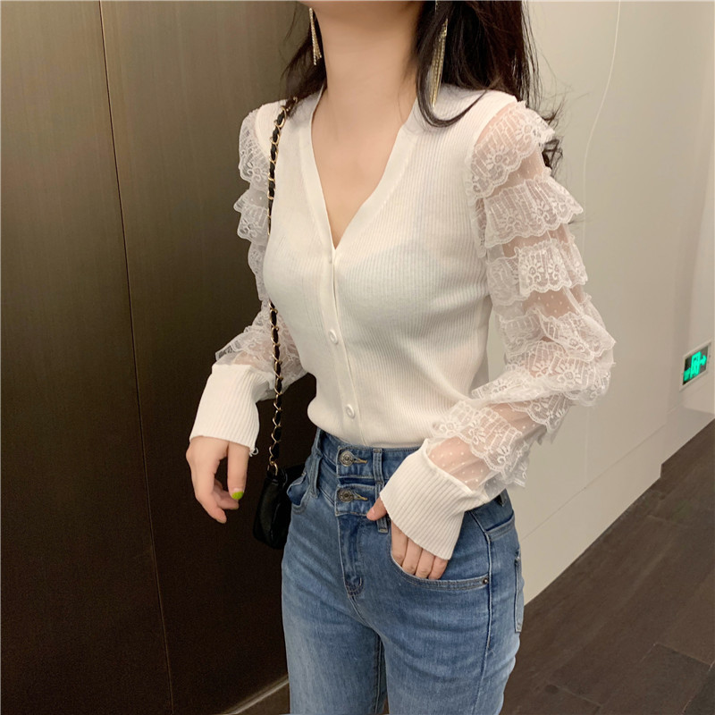 Lace Knitted Women Girl Top Lantern Sleeved V-neck Outerwear Shirts
