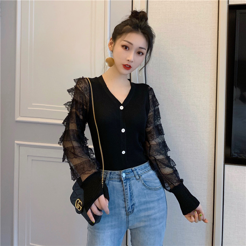 Lace Knitted Women Girl Top Lantern Sleeved V-neck Outerwear Shirts