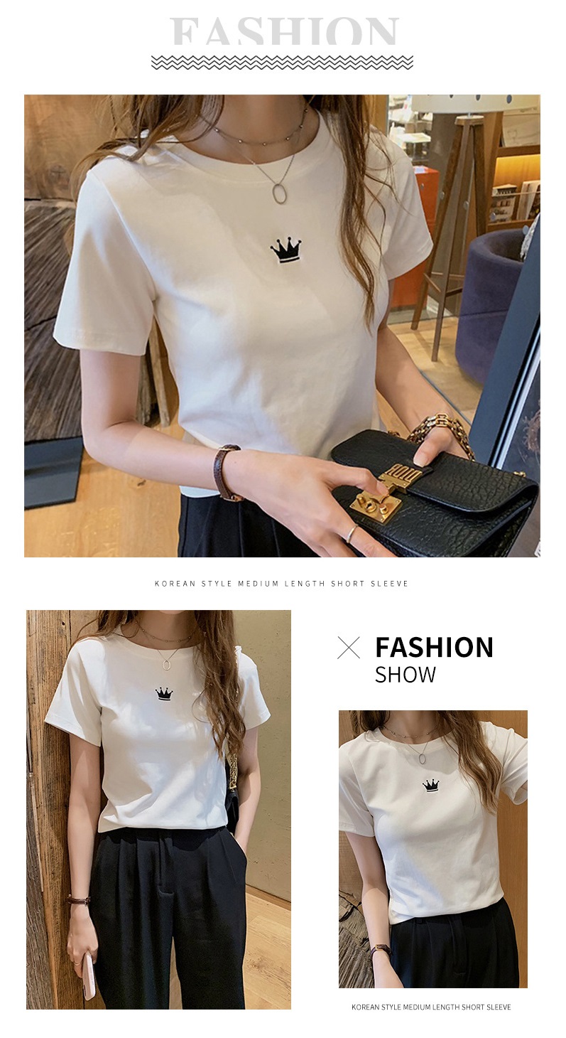 Casual Solid Color Women Girl T-shirt Slim Fit Crown Printed Top Clothes