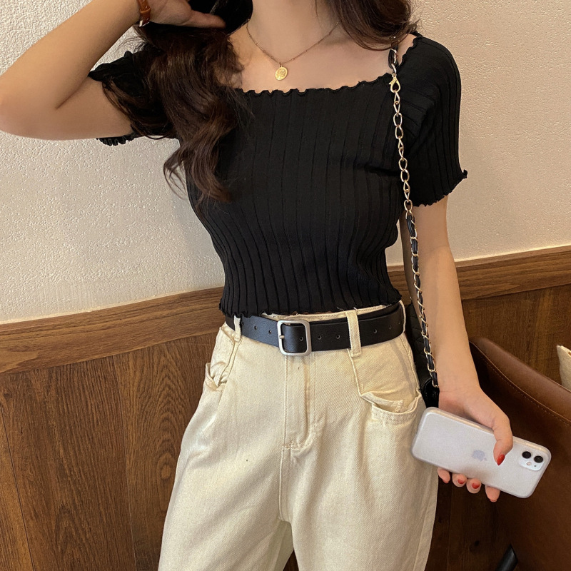 Women Girl Clothes Square Collar Sweater Crop Top